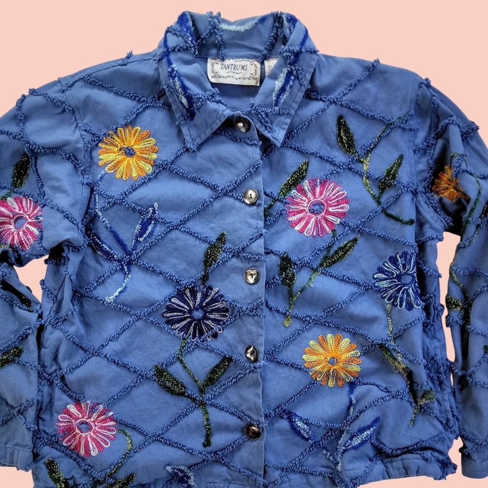 Tantrums Floral Embroidered Chenille Lattice Jacket Blue Cotton Women's Large